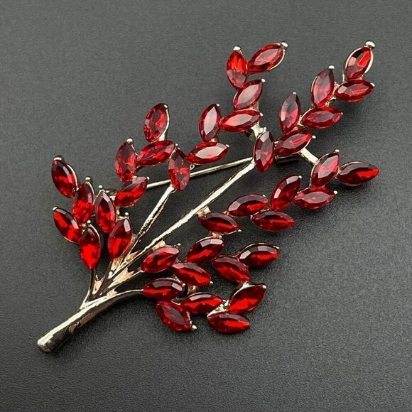 Rose Gold with Ruby Red Crystal Tree Branch with Leaves Pin Back Brooch - Picture 2 of 9